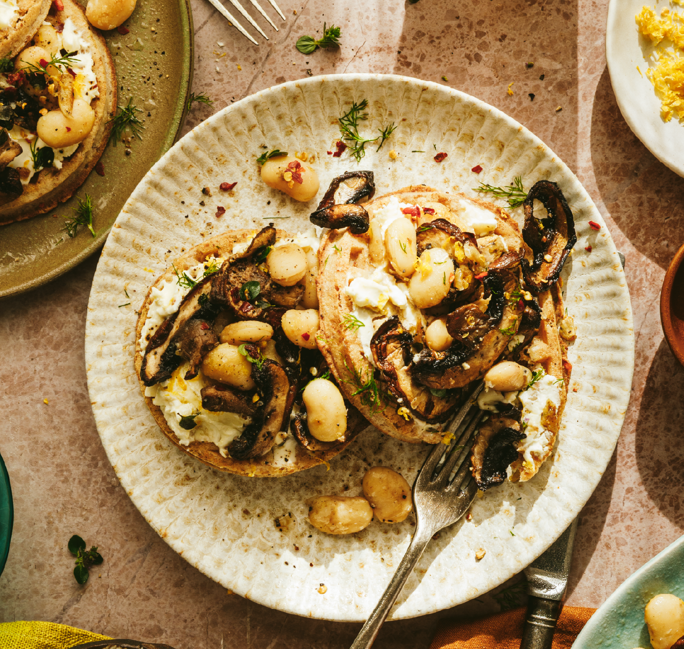 One Pan Garlicky Mushroom, Butterbean and Mascarpone Waffles